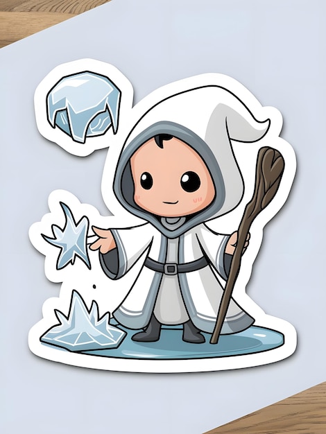 A sticker design A cute chibi wizard character wearing a long white hooded robe and holding a staff