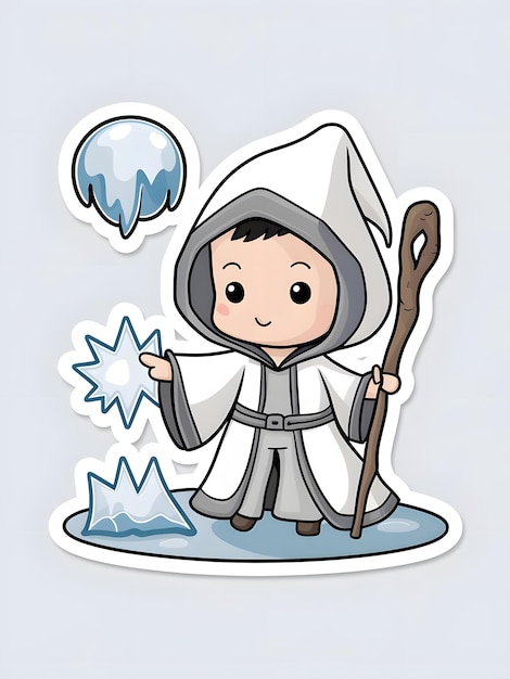 A sticker design A cute chibi wizard character wearing a long white hooded robe and holding a staff