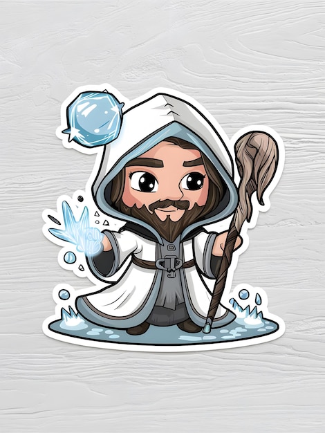 A sticker design A cute chibi wizard character wearing a long white hooded robe and holding a staff