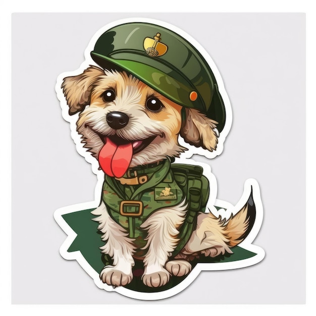 Sticker design with happy dog wearing military uniform vector white background