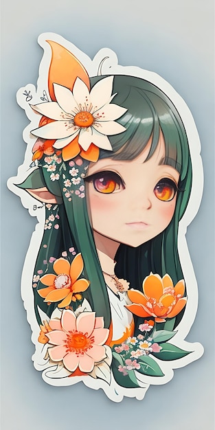 STICKER A detailed illustration a print of vivid cute elf girl head AIgenerated