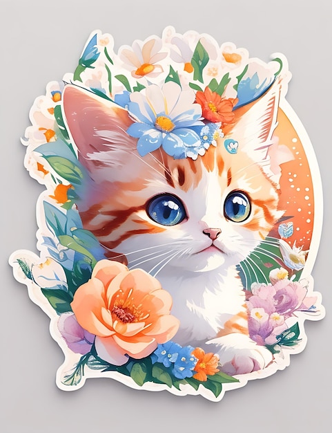 STICKER A detailed illustration a print of vivid cute kitten head fantasy flowers T shirt Design