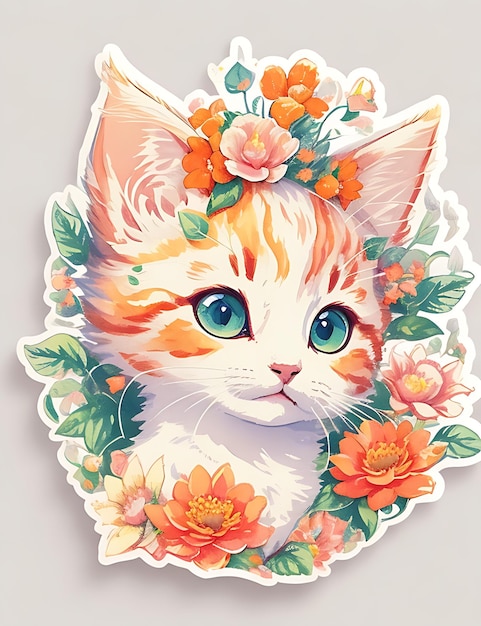 STICKER A detailed illustration a print of vivid cute kitten head fantasy flowers T shirt Design