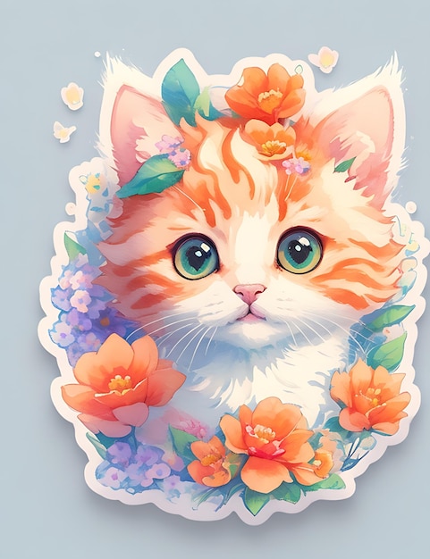 STICKER A detailed illustration a print of vivid cute kitten head fantasy flowers T shirt Design