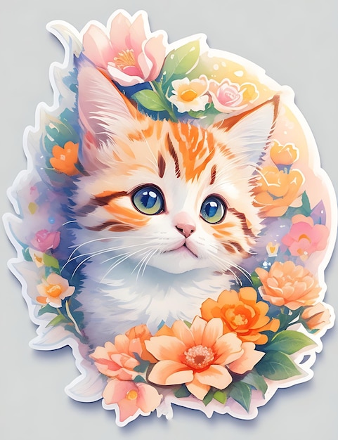 STICKER A detailed illustration a print of vivid cute kitten head fantasy flowers T shirt Design