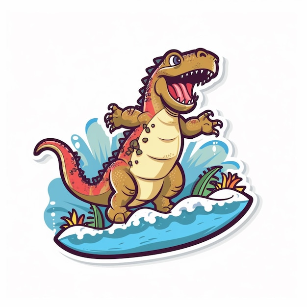 A sticker of a dinosaur on a surfboard that says't - rex '