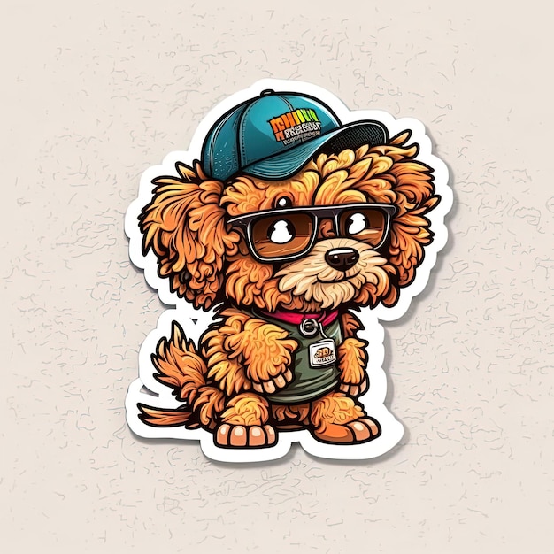 Sticker of a dog wearing a cap and sunglasses.