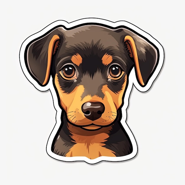 A sticker of a dog with a black face and brown eyes.