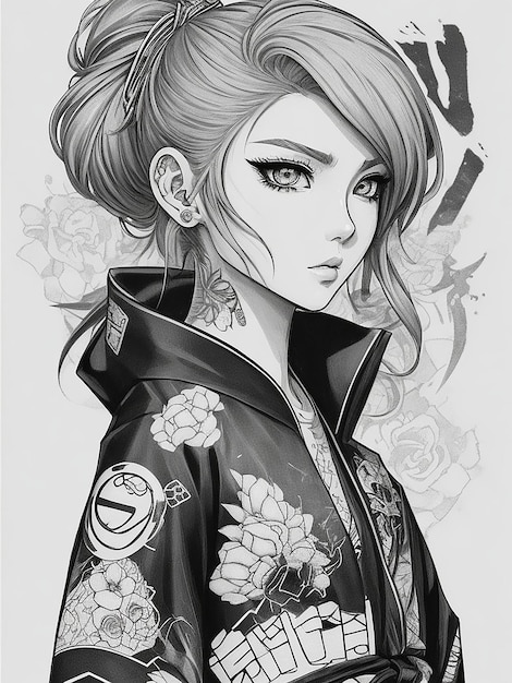 Photo a sticker of a line art illustration anime style manga style of a cyberpunk beautiful girl