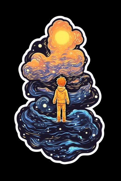 a sticker of a man standing on a wave with a sun in the background generative ai