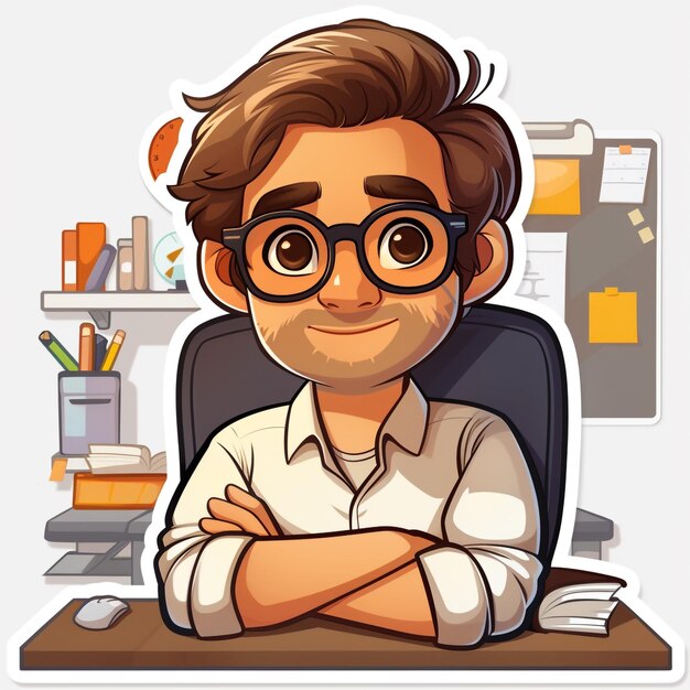 Sticker of Man With Glasses Sitting at Desk