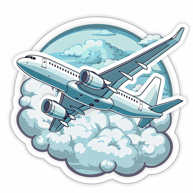 Sticker of a minimalist airplane flying above fluffy clouds symbolizing the joy of travel