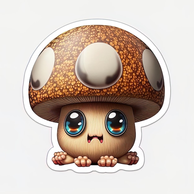 A sticker of a mushroom with a big blue eyes.