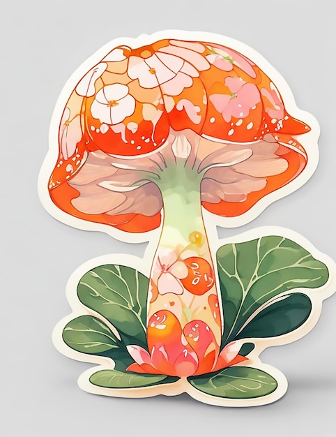 A sticker of a mushroom with a red and orange flower on it.