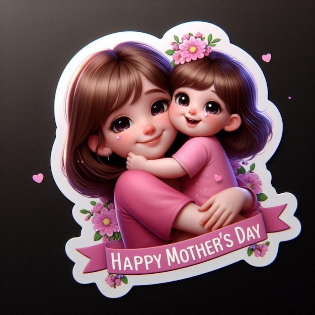 A sticker of Portrait happy mothers day 3D digital art color black background ai generated