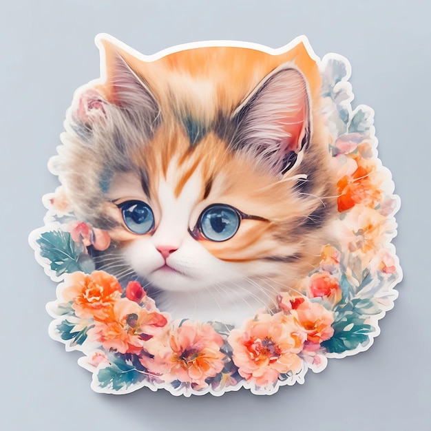 Sticker Print of Vivid Cute Kitten Fantasy Flowers Splash By Alim Graphic