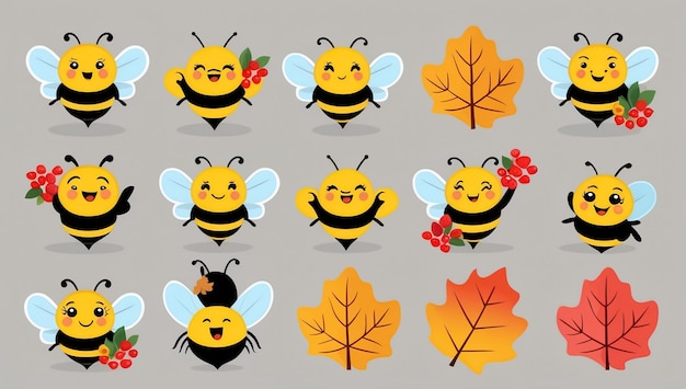 Photo sticker set different cute funny cartoon bee