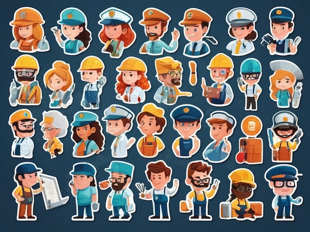 Photo sticker set of professions characters and objects ai generated