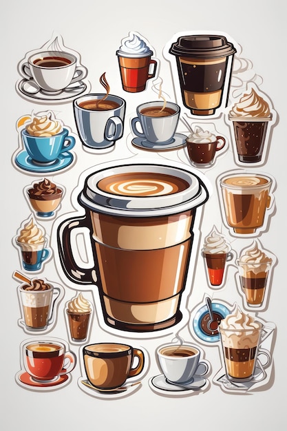 sticker sheet art cartoon icon hot Coffee cup white background no background Illustration 4K