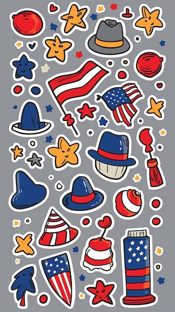 Sticker sheet Fourth of July full color white outline grey background