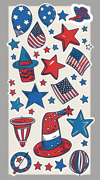 Sticker sheet Fourth of July full color white outline grey background