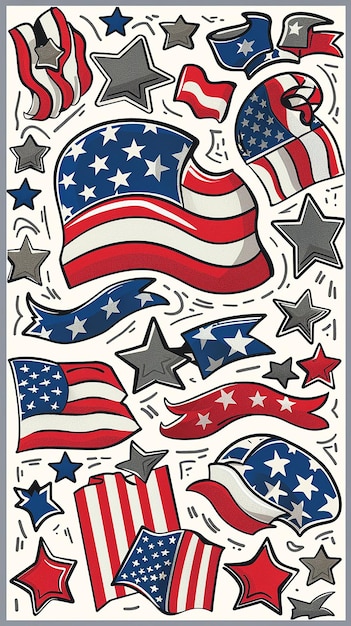 Sticker sheet Fourth of July full color white outline grey background