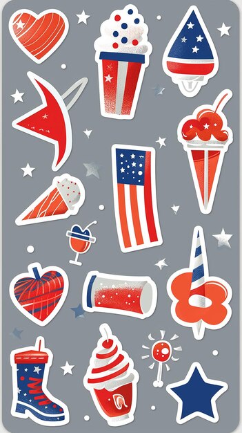 Photo sticker sheet fourth of july full color white outline grey background