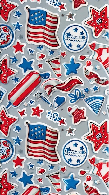 Sticker sheet Fourth of July full color white outline grey background