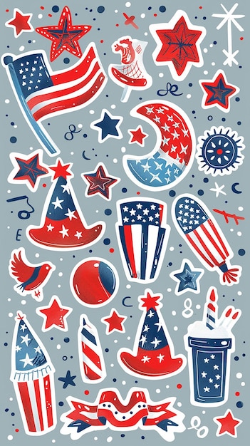 Sticker sheet Fourth of July full color white outline grey background