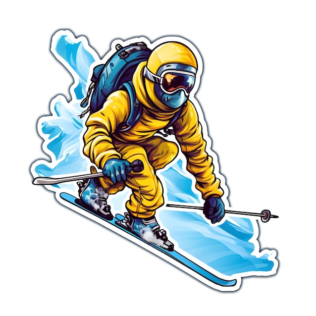 A sticker of a skier with a yellow suit and a backpack on his back.