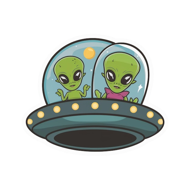 Photo sticker template with two alien monster in ufo isolated on white background