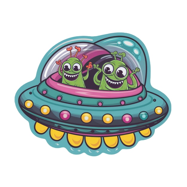 Photo sticker template with two alien monster in ufo isolated on white background