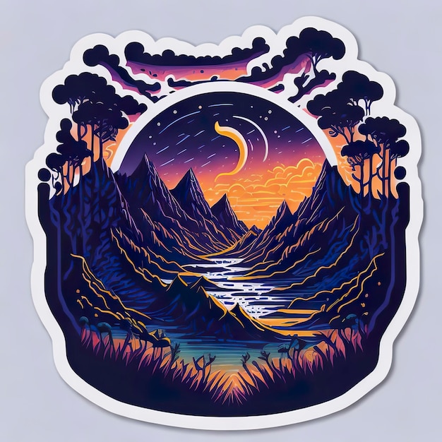 A sticker that has a mountain and a river in the middle of it.