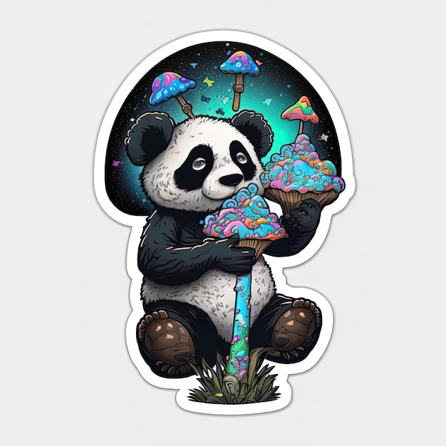 A sticker that has a panda bear eating a giant ice cream cone.