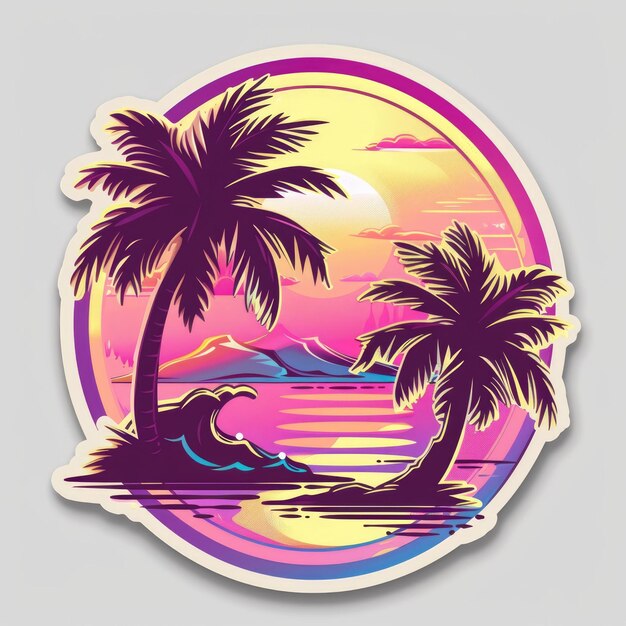 A sticker with a logo from surfing for the beach in the style of synthwave brushwork emphasis matte