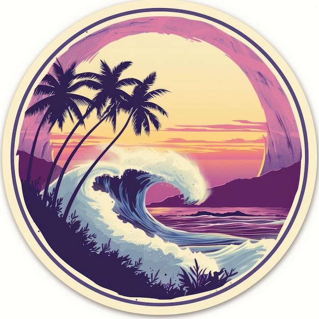 A sticker with a logo from surfing for the beach in the style of synthwave brushwork emphasis matte