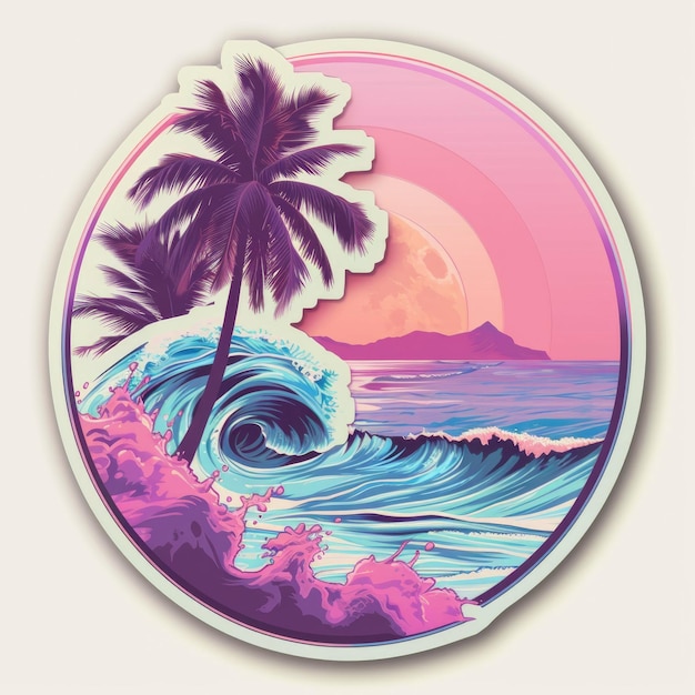 A sticker with a logo from surfing for the beach in the style of synthwave brushwork emphasis matte