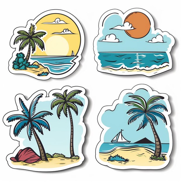 Photo stickers of an ocean beach relax and travel theme on the white background