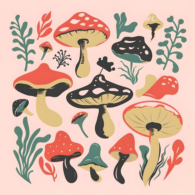 stickers vector Gothic retro mushrooms bright various pastel colors flat illustration stickers