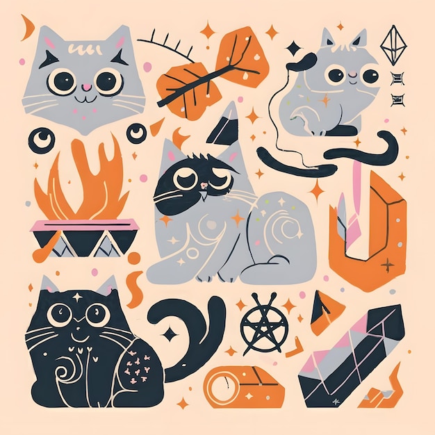 stickers vector Gothic wiccan gothic cat with couldran and crystals wiccan gothic various pastel co