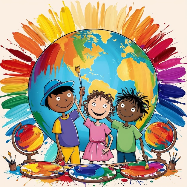 Stickman Kids Painting a Big Globe in Different Colors