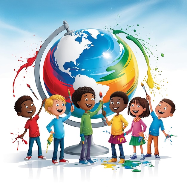 Stickman Kids Painting a Big Globe in Different Colors