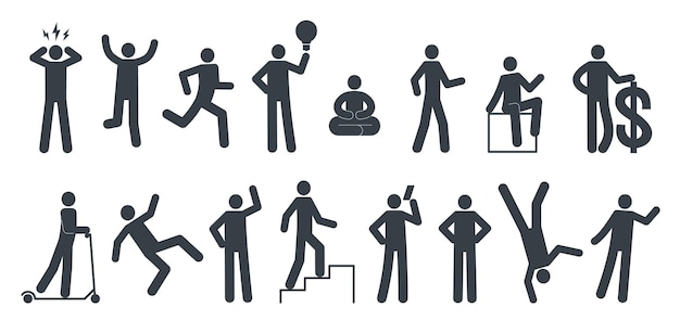 Stickman postures Primitive little man pictogrames monochrome people signs different poses standing and walking yoga and fitness falling and climbing business man nowaday vector set