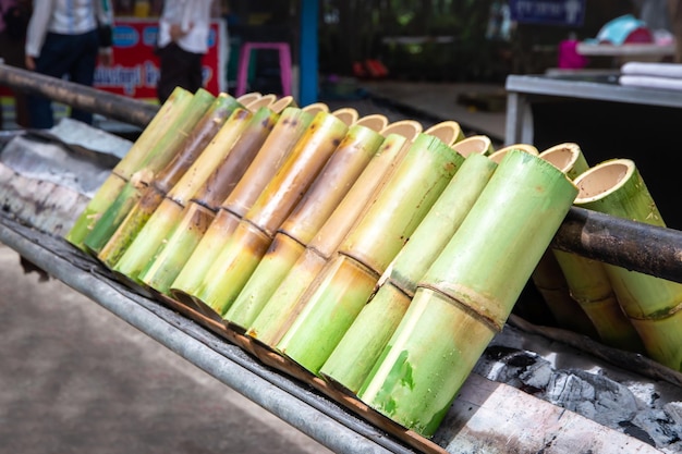 Sticky rice cooked in a bamboo tube by adding coconut milk and then burning until cookedKhao Lam is popular with Thai people