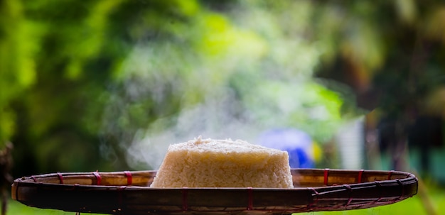 Sticky rice steamed cooked on a bamboo tray.