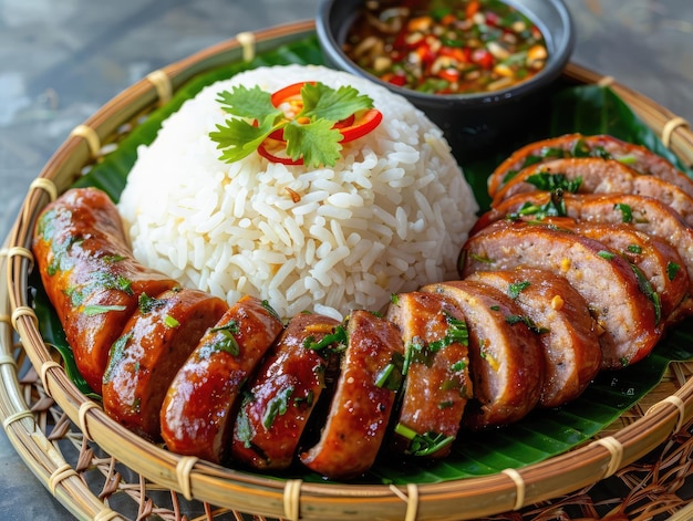 Sticky Rice with Sausage Sai Oua Northern Thai sausage served with sticky rice