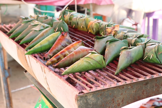 Sticky rice wrapped in banana leaves