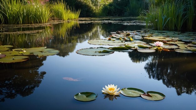 Photo still garden pond with water lilies reflecting greenery creating a calm and serene atmosphere