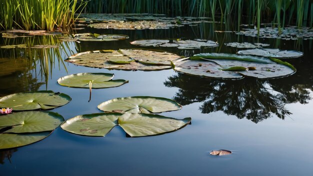 Still garden pond with water lilies reflecting greenery creating a calm and serene atmosphere