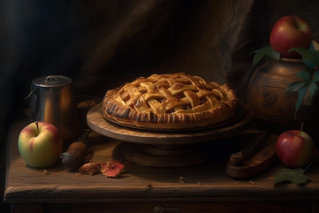 A still life of a apple pie with a copper can next to it.